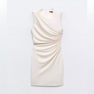 ZARA NWT Gathered Short Mini Dress Elegant Cream Sleeveless Size M